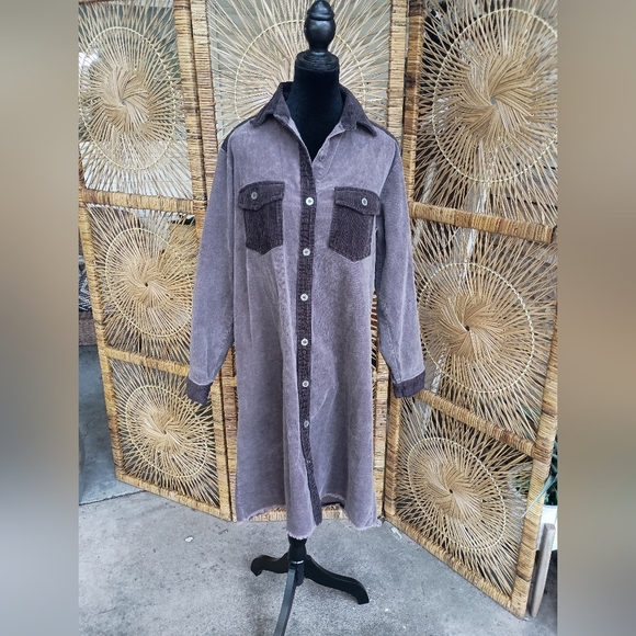 Umgee 100% Cotton Brown Long Sleeve Button-Up Dress/Shacket_S - Picture 3 of 12